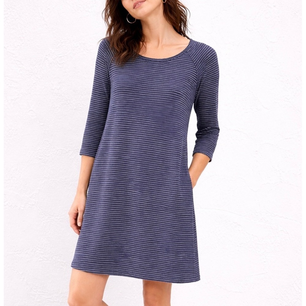 Navy Stripe Slub Knit Twist Back Athleisure Raglan Mini Dress Coastal Size Large